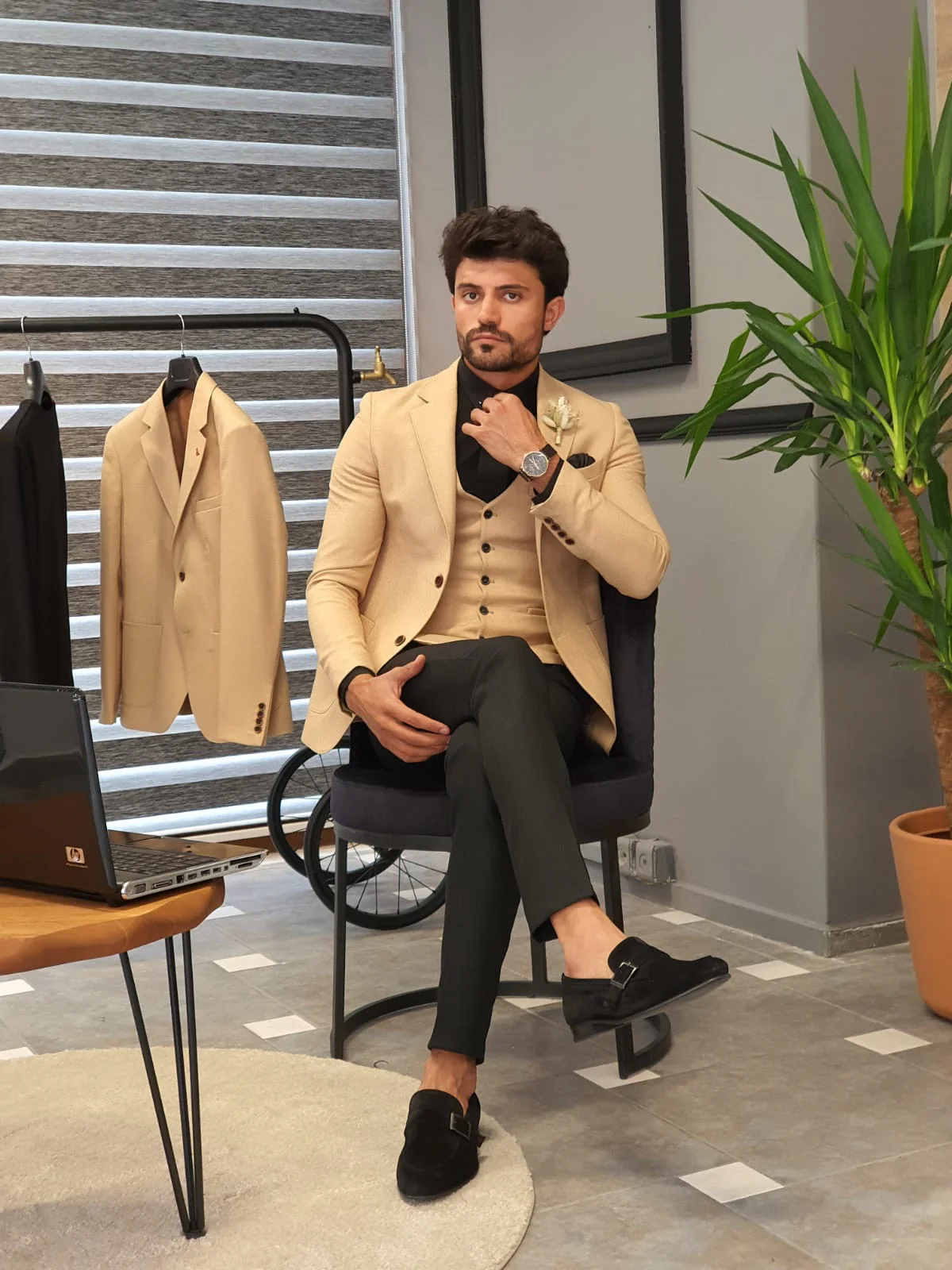 Tan Blazer with Black Shirt and Loafers